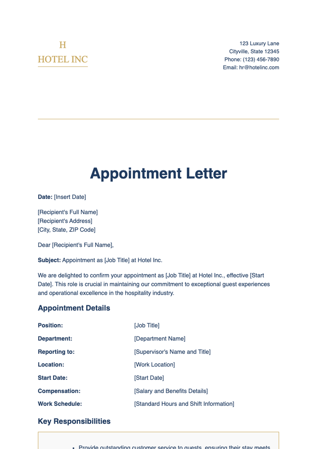 Hotel appointment letter template with placeholder fields and company branding_variant_1